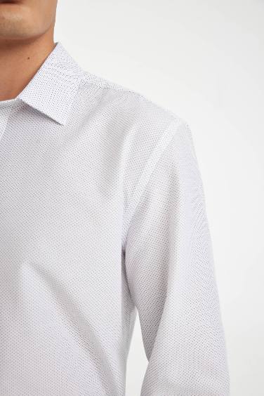 Modern Fit Modern Kesim Poplin Desenli Pamuk Karışımlı Uzun Kollu Gömlek