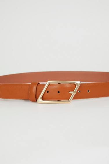 Woman Faux Leather Gold Buckle Classic Belt