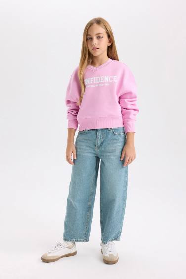 Kız Çocuk V Yaka Baskılı İçi Yumuşak Tüylü Sweatshirt