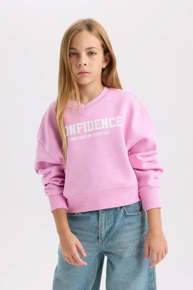 Kız Çocuk V Yaka Baskılı İçi Yumuşak Tüylü Sweatshirt
