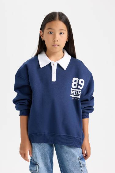 Girl Oversize Fit Polo Neck Printed Thick Sweatshirt