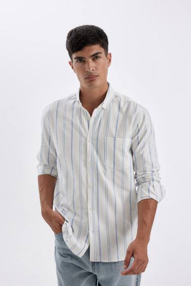 %100 Pamuk Regular Fit Oxford Düğmeli Çizgili Uzun Kollu Gömlek