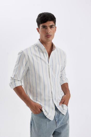 %100 Pamuk Regular Fit Oxford Düğmeli Çizgili Uzun Kollu Gömlek