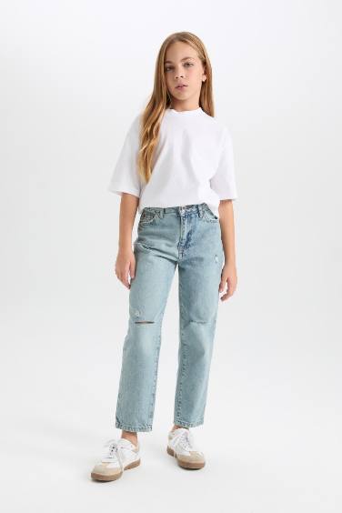 Kız Çocuk Okul Mom Fit Yırtık Detaylı Dar Paça Jean Pantolon
