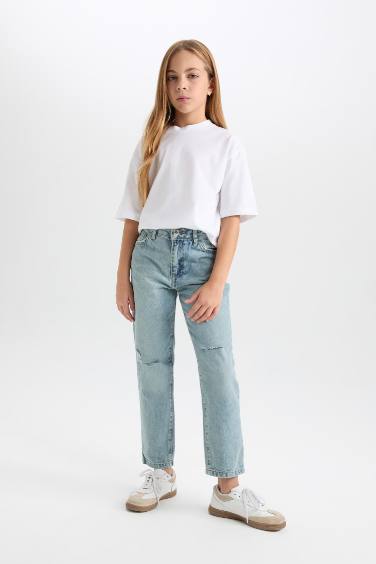 Kız Çocuk Okul Mom Fit Yırtık Detaylı Dar Paça Jean Pantolon