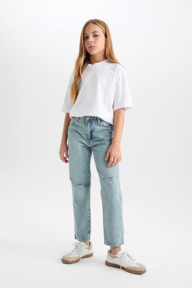 Kız Çocuk Okul Mom Fit Yırtık Detaylı Dar Paça Jean Pantolon