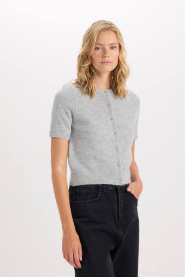 Regular Fit Crew Neck Basic Buttoned Knit Cardigan