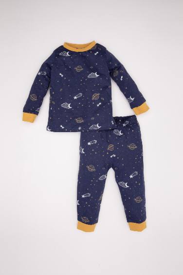 Erkek Bebek Pijama Takım Yıldız Desenli Penye  Uzun Kollu Üst Beli Lastikli Uzun Alt