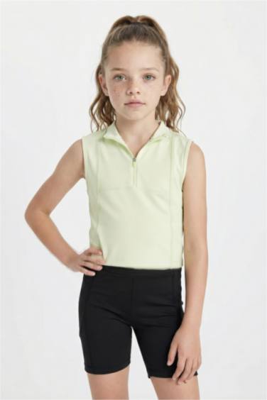 Girl Slim Fit Polo Neck Basic Sleeveless T-Shirt