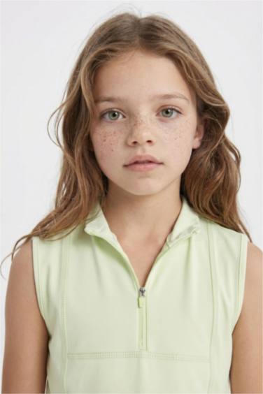 Girl Slim Fit Polo Neck Basic Sleeveless T-Shirt