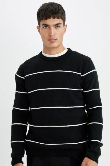 Standard Fit Crew Neck Striped Basic Knitted Pullover