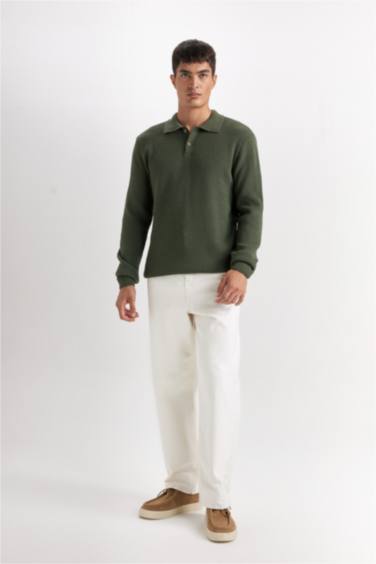 Haki Standart Fit Normal Kesim Polo Yaka Triko Kazak