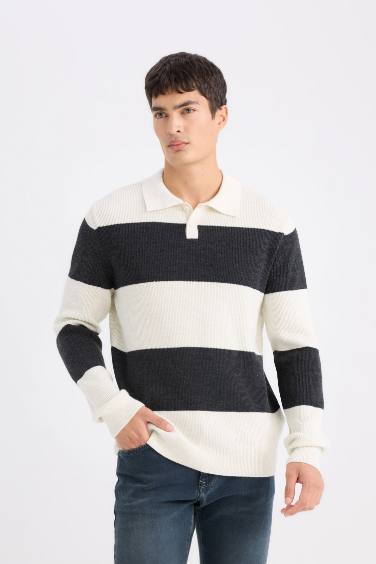 Standard Fit Polo Neck Striped Knitted Pullover