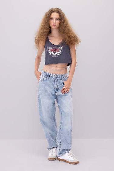 كروب توب قصة فضفاضة برقبة مستديرة مطبوع