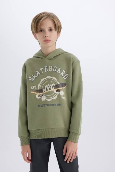 Erkek Çocuk 2'li Takım Kapüşonlu Baskılı Sweatshirt Beli Paçası Lastikli Eşofman Altı