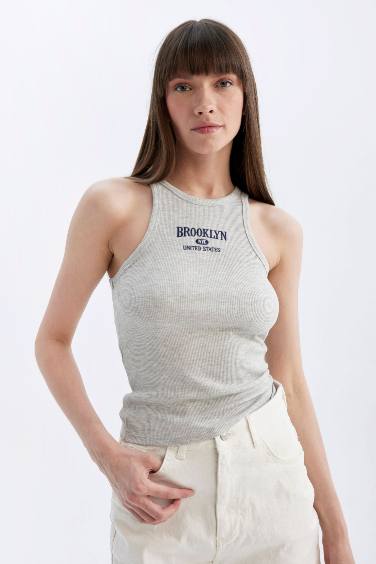 Débardeur Slim Imprimé à Col Halter et Camisole Côtelée