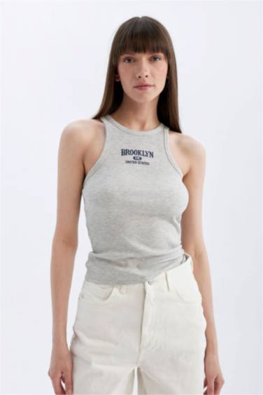 Slim Fit Dar Kesim Baskılı Halter Yaka Fitilli Kaşkorse Atlet