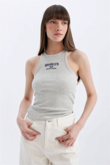 Slim Fit Dar Kesim Baskılı Halter Yaka Fitilli Kaşkorse Atlet