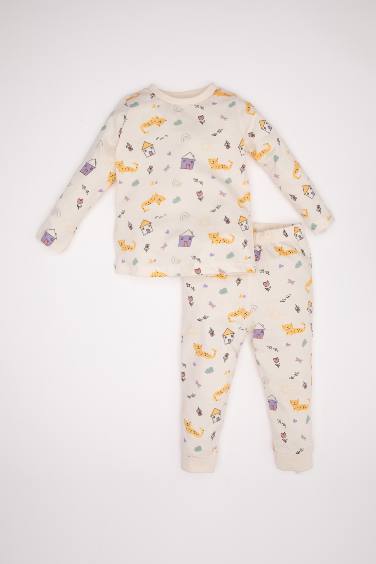 Kız Bebek Pijama Takım Desenli Penye  Uzun Kollu Üst Beli Lastikli Uzun Alt