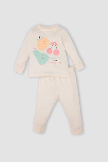 Baby Girl Fruit Patterned Cotton Long Sleeve Top Bottom 4 Piece Pajama Set