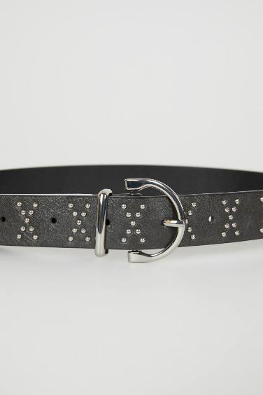 Woman Faux Leather Studded Classic Belt