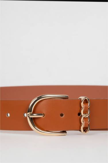 Woman Faux Leather Gold Buckle Classic Belt