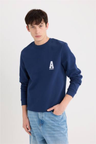 New Regular Fit Bisiklet Yaka Baskılı Kalın Sweatshirt