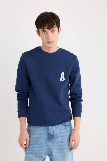 New Regular Fit Bisiklet Yaka Baskılı Kalın Sweatshirt
