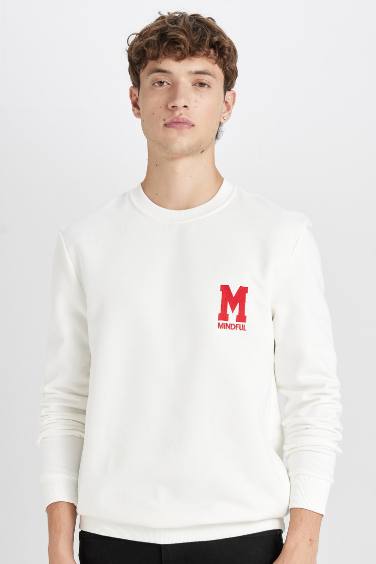 White New Regular Fit Crew Neck Printed Thick Sweatshirt