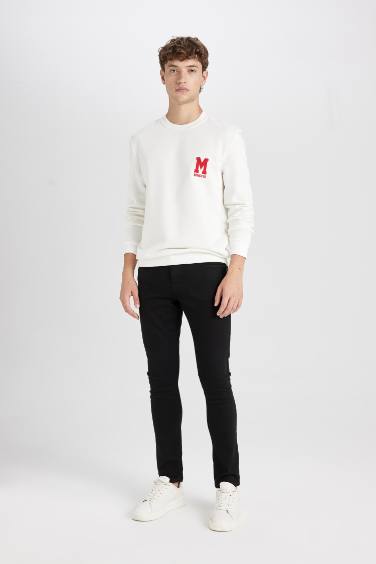 New Regular Fit Bisiklet Yaka Baskılı Kalın Sweatshirt