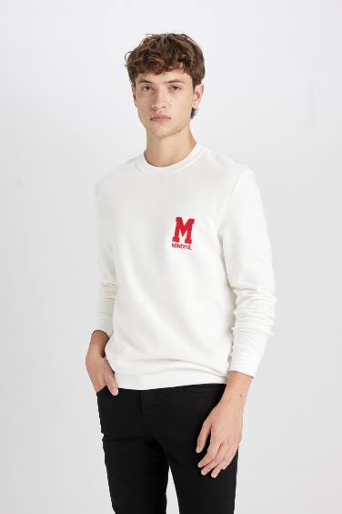 New Regular Fit Bisiklet Yaka Baskılı Kalın Sweatshirt
