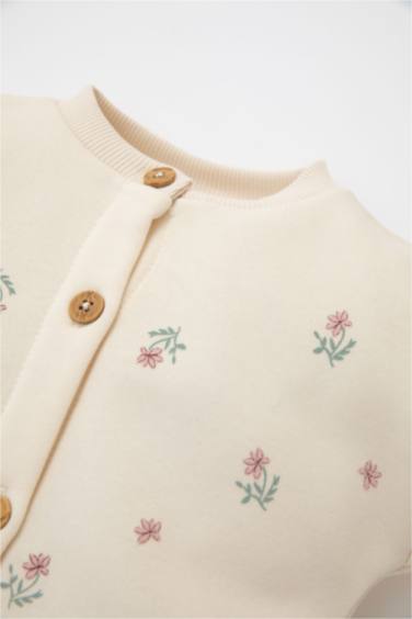 Girl Crew Neck Floral Buttoned Cardigan