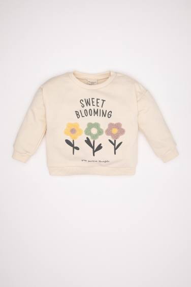 Kız Bebek Ekru Bisiklet Yaka Çiçek Baskılı Sweatshirt