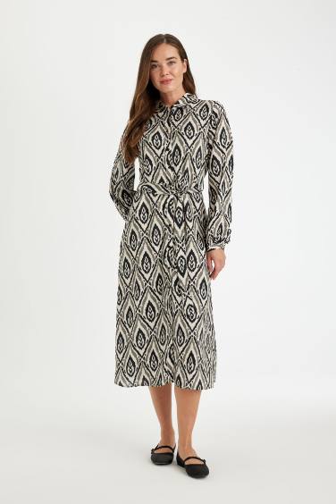 Shirt Collar Patterned Long Sleeve Maxi Dress