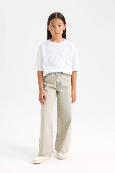 بنطلون بناتي وايد ليج برجل واسع بجيب