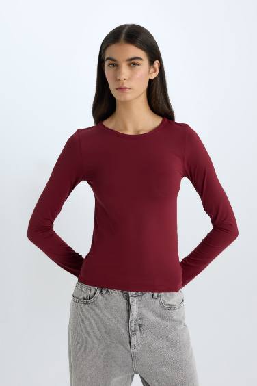 تيشيرت سادة بيزك ردن طويل سليم فيت بياخة مستديرة