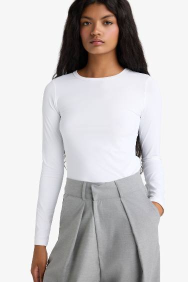 Slim Fit Dar Kesim Bisiklet Yaka Basic Düz Uzun Kollu Tişört