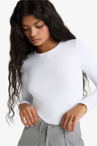 Slim Fit Dar Kesim Bisiklet Yaka Basic Düz Uzun Kollu Tişört