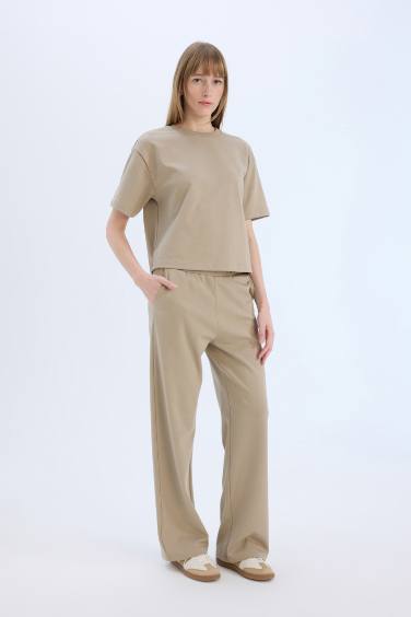 Elastic Waist Pocketed Basic Wide Leg Sweatpants