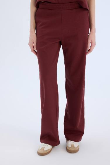 Wide Leg Geniş Paça Eşofman Altı Beli Lastikli Cepli Basic Düz Bordo