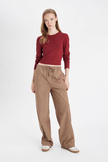 Straight Fit Elastic Waist Tied Pocketed Basic Poplin Trousers