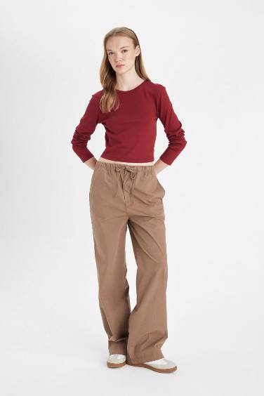 Straight Fit Elastic Waist Tied Pocketed Basic Poplin Trousers
