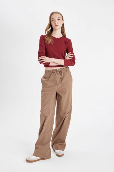 Straight Fit Elastic Waist Tied Pocketed Basic Poplin Trousers