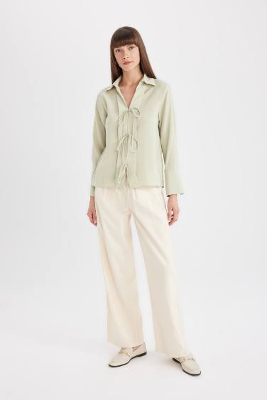 Regular Fit Basic Düz Bağcıklı Krinkıl Viskon Uzun Kollu Gömlek