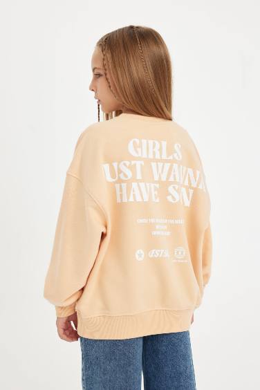 Kız Çocuk Oversize Geniş Kalıp Bisiklet Yaka Sırt Baskılı Sweatshirt