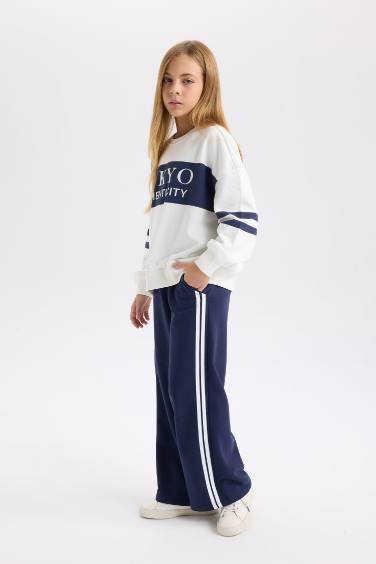 Kız Çocuk Oversize Geniş Kalıp Bisiklet Yaka Baskılı Sweatshirt