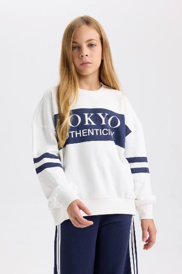 Kız Çocuk Oversize Geniş Kalıp Bisiklet Yaka Baskılı Sweatshirt