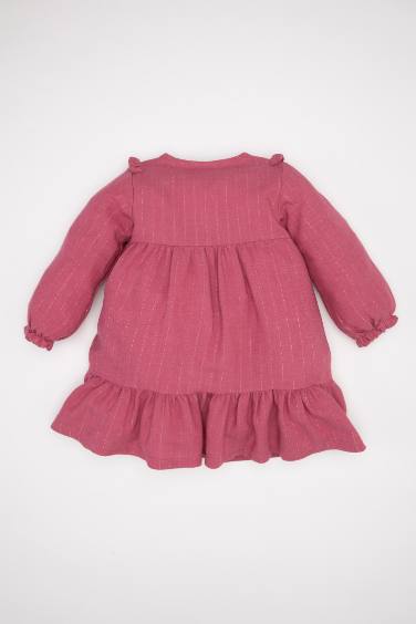 فستان بيبي بناتي قصة عادية كم طويل بياقة مستديرة