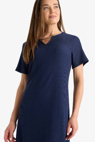 Regular Fit Apaş Yaka Basic Düz Bürümcük Kısa Kollu Midi Elbise