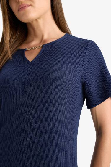 Regular Fit Apaş Yaka Basic Düz Bürümcük Kısa Kollu Midi Elbise